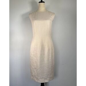 Louben Women's Size 4 Cream Linen Sleeveless Sheath Dress Zip Back Crew Neck Y2K